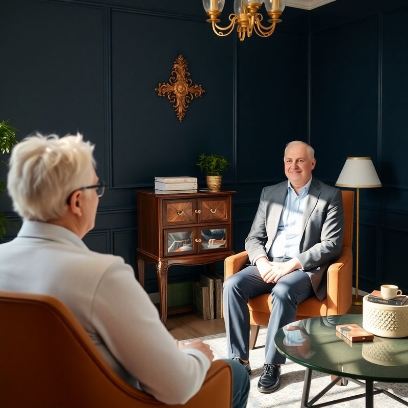 Poradce Studio Horák sedí naproti seniorovi v klidné konzultační místnosti